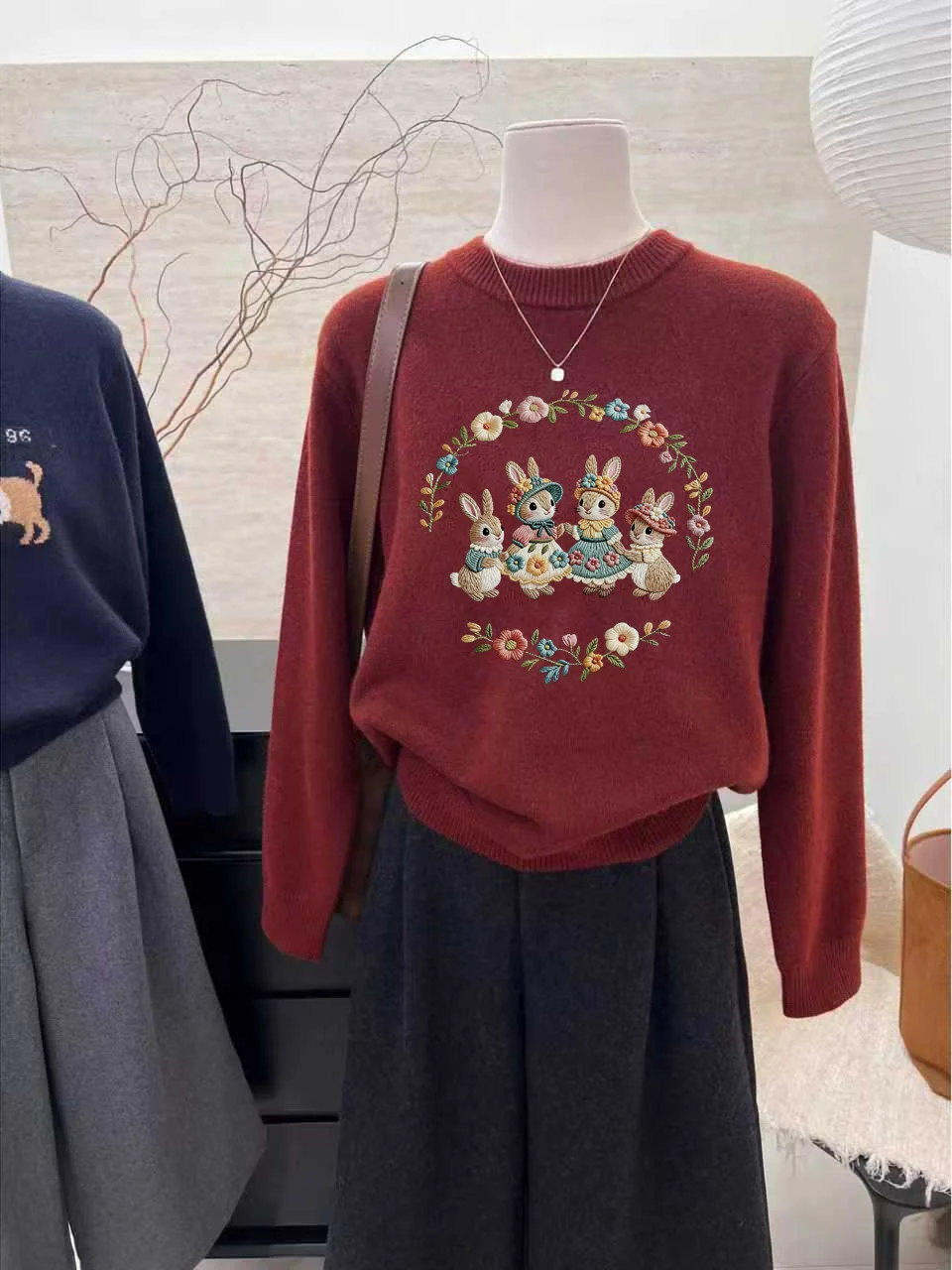 

Festive Red Knitted Sweater Rabbit Dinner Print round Ne Long Sve Women's Warm Top Polyester Fiber Commute Sle Autumn ...