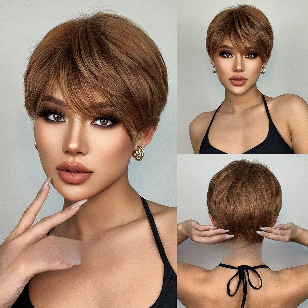 

Синтетические парики: короткие многослойные прически с челкой, прямые волосы, молодежный парик-боб для женщин, синтетическая шапочка для парика.