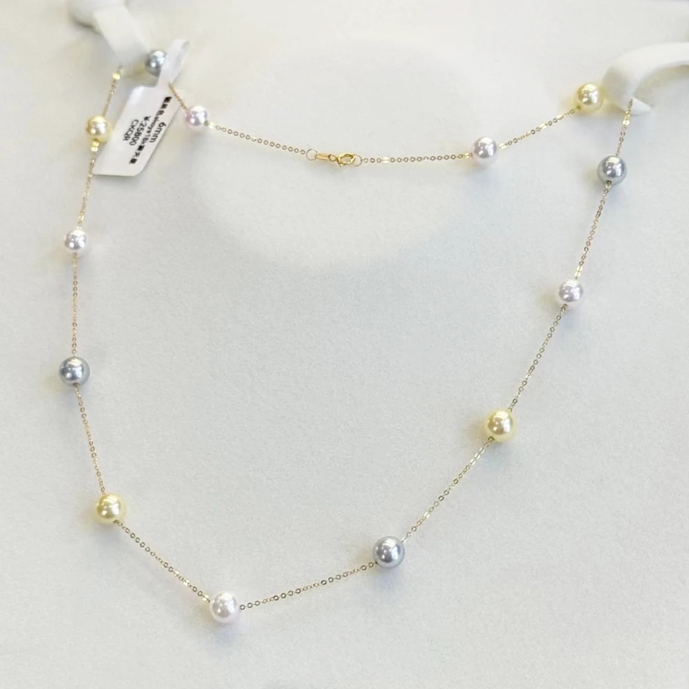 Starry Sky 6-7mm Real Seawater Akoya Pearl Necklace Gift White Silver Blue Yellow Gold Three Candy Colours with 18K Gold O Chain