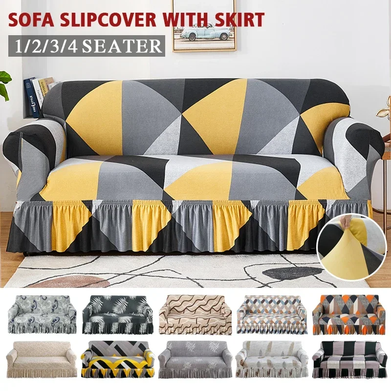 High Elastic Sofa Slipcover With Skirt Stretch Easy Fitted Armchair Sofa Cover for Living Room Furniture Protector Couch Cover