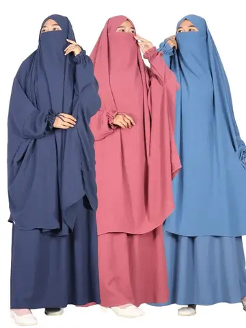 Eid 무슬림 롱 키마르 스커트 2 종 세트, 아바야 원피스 기도복, 히잡 풀 커버, 라마단 카프탄, 젤라바