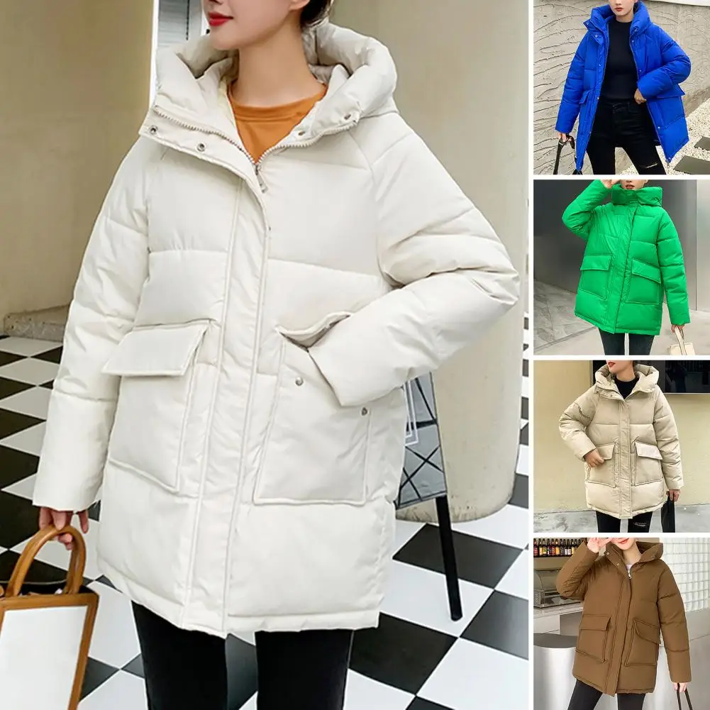 

Women Cotton Jacket Warm Long Sleeve Hooded Down Jacket with Zipper And Button Closure for Autumn Winter