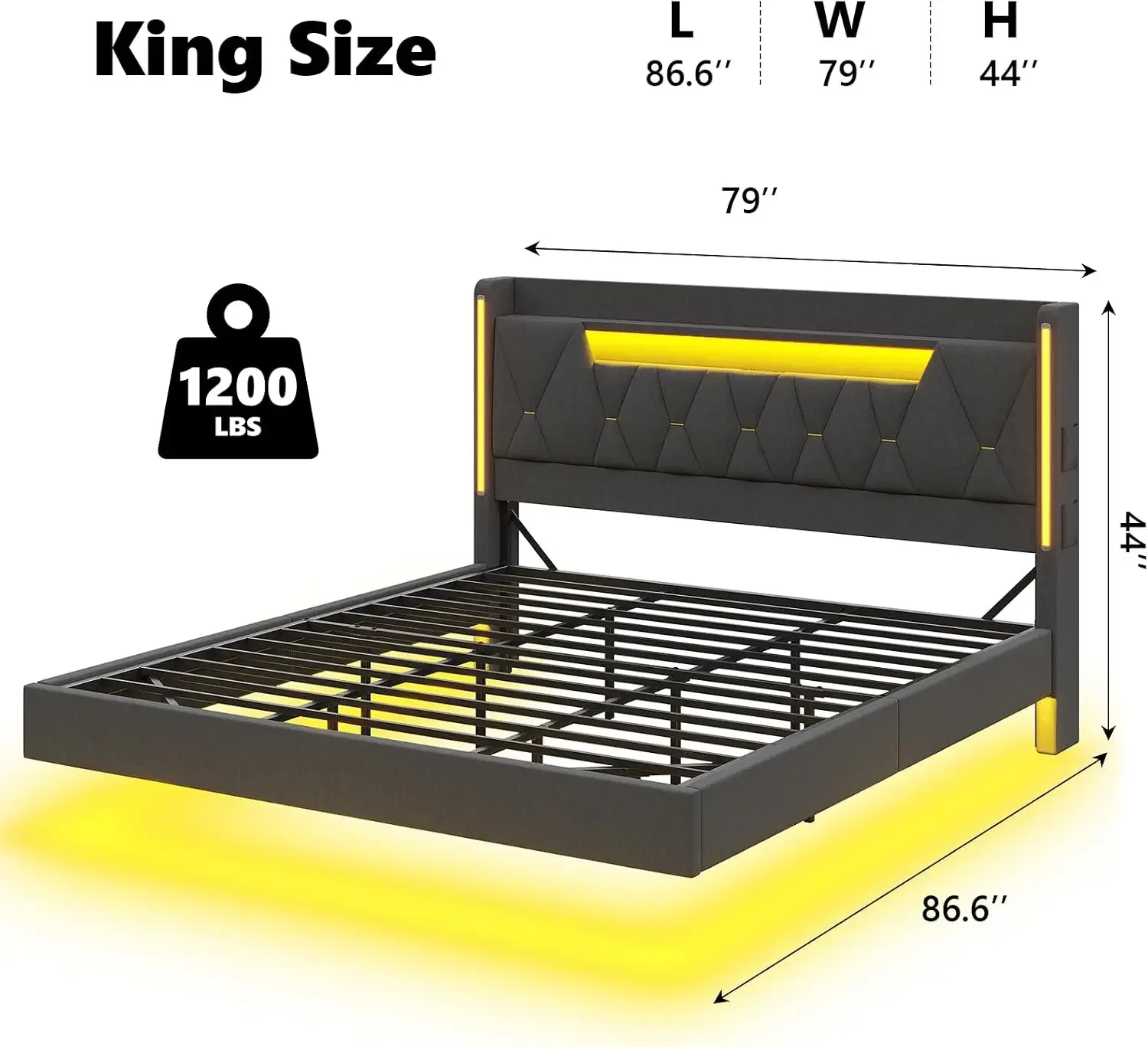 Floating Bed Frame,King Size Bed Frame with Storage Headboard | King Size Bed with Charging Station, LED Lights, No Box Spring