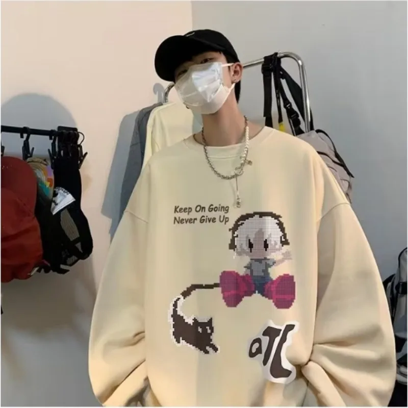 M-8XL Autumn Men Pullover Hoodie Oversize Sweatshirt Fashion Loose American Anime Characters Pattern Print Velvet Couple Clothes