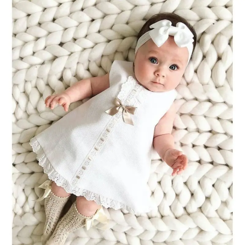 Newborn Baby Girl Sweet Solid Color Dress Infant Toddler Bow Lace Hem Sleeveless Dress with Headband Two-Piece Princess Dress