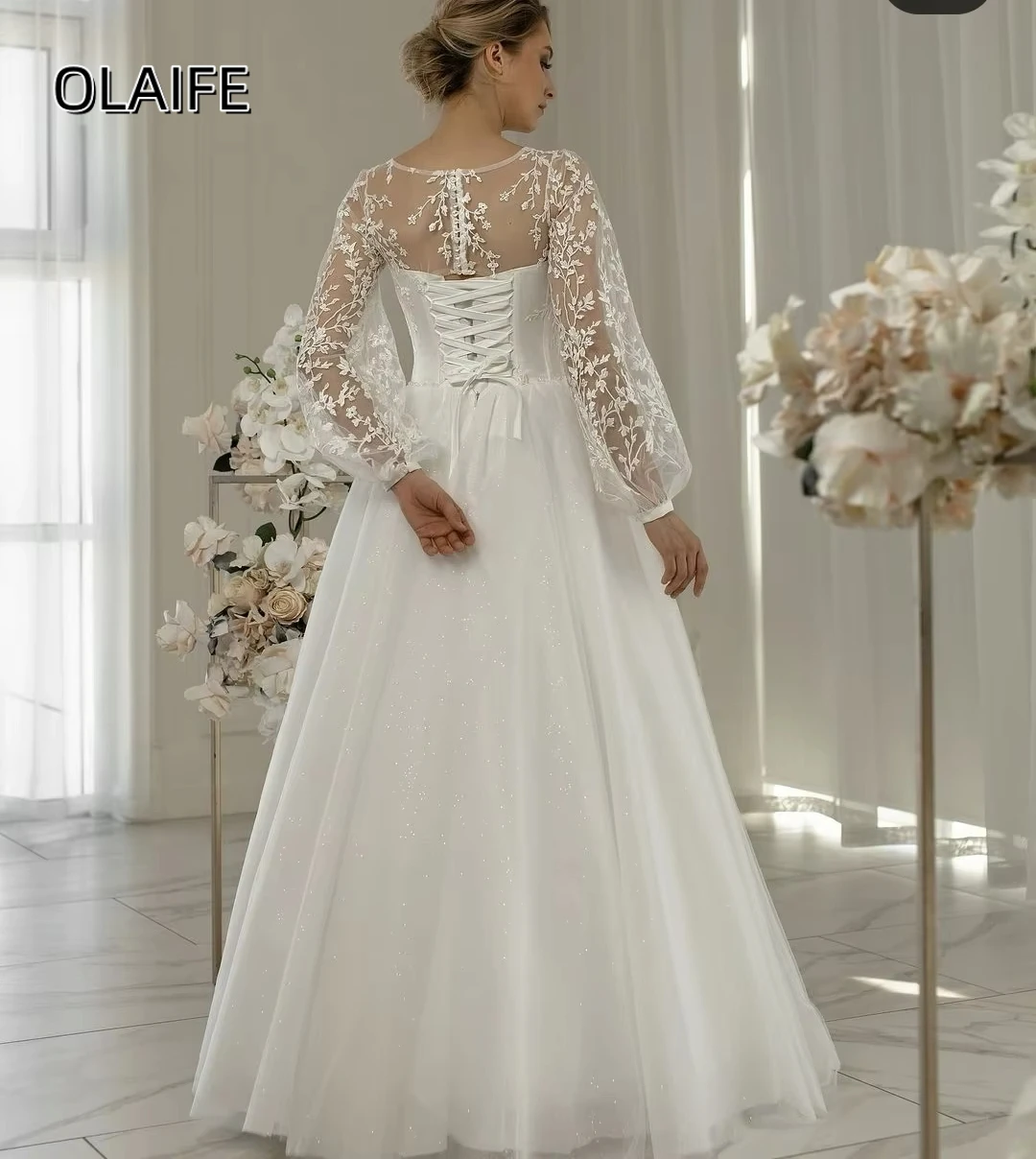 Olaife-Robes de mariée A-ligne à manches bouffantes, appliques en dentelle, corset dans le dos, robes de mariée en tulle, robes de longueur au sol, vêtements éducatifs