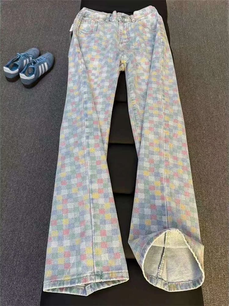 

Мужские джинсы в клетку, прямого кроя, слегка расклешенные, в американском стиле, повседневные, осенние, модные, с высокой талией, не требуют глажки