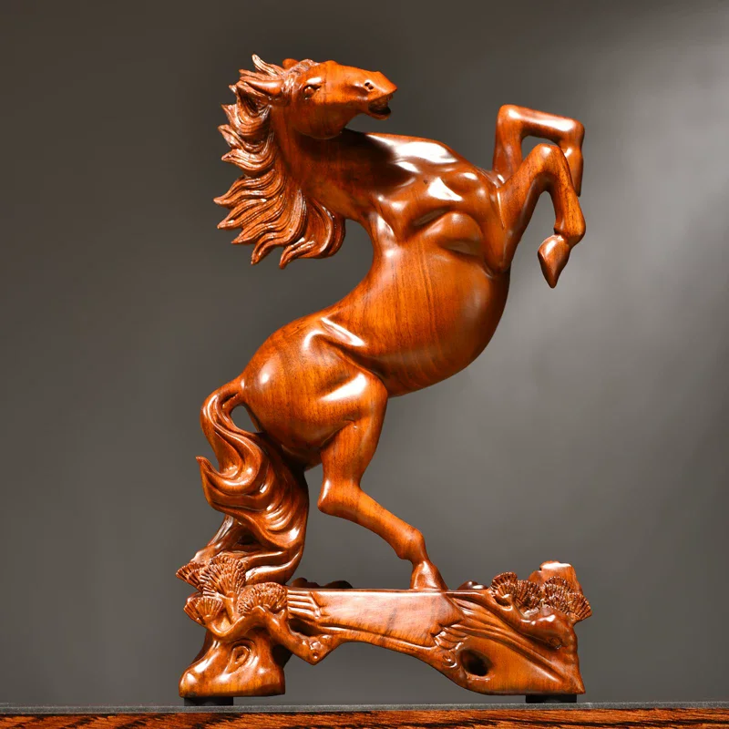 Win Instant Success Wood Carved Horse Statue, Chinese Zodiac Horse Figurine for Home Office Desk, Solid Wood Success Symbol, Hou