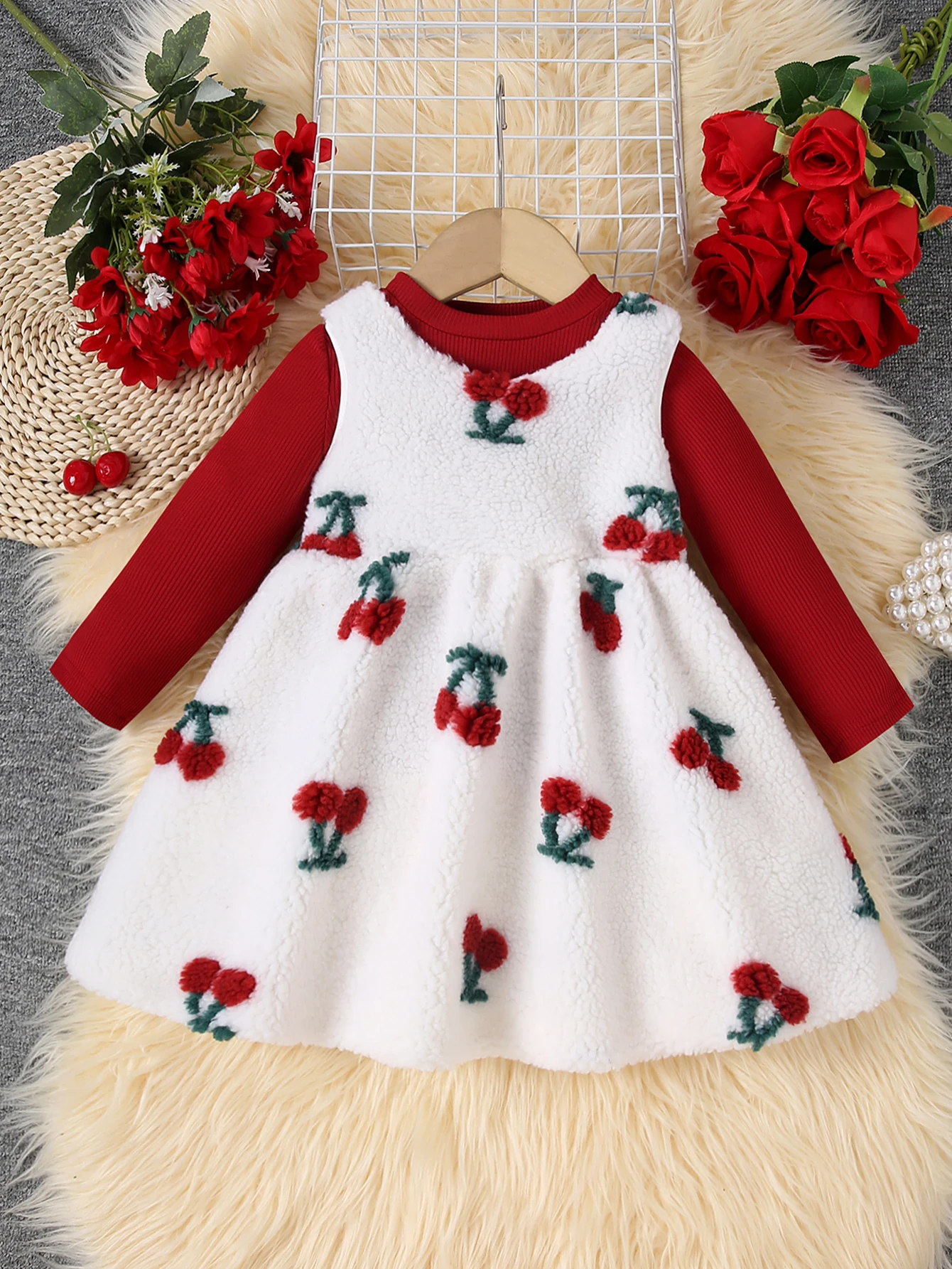 

Spring And Autumn Solid Color Long Sleeve Top Cherry Printed Sleeveless Dress Cute Casual Two Piece Set
