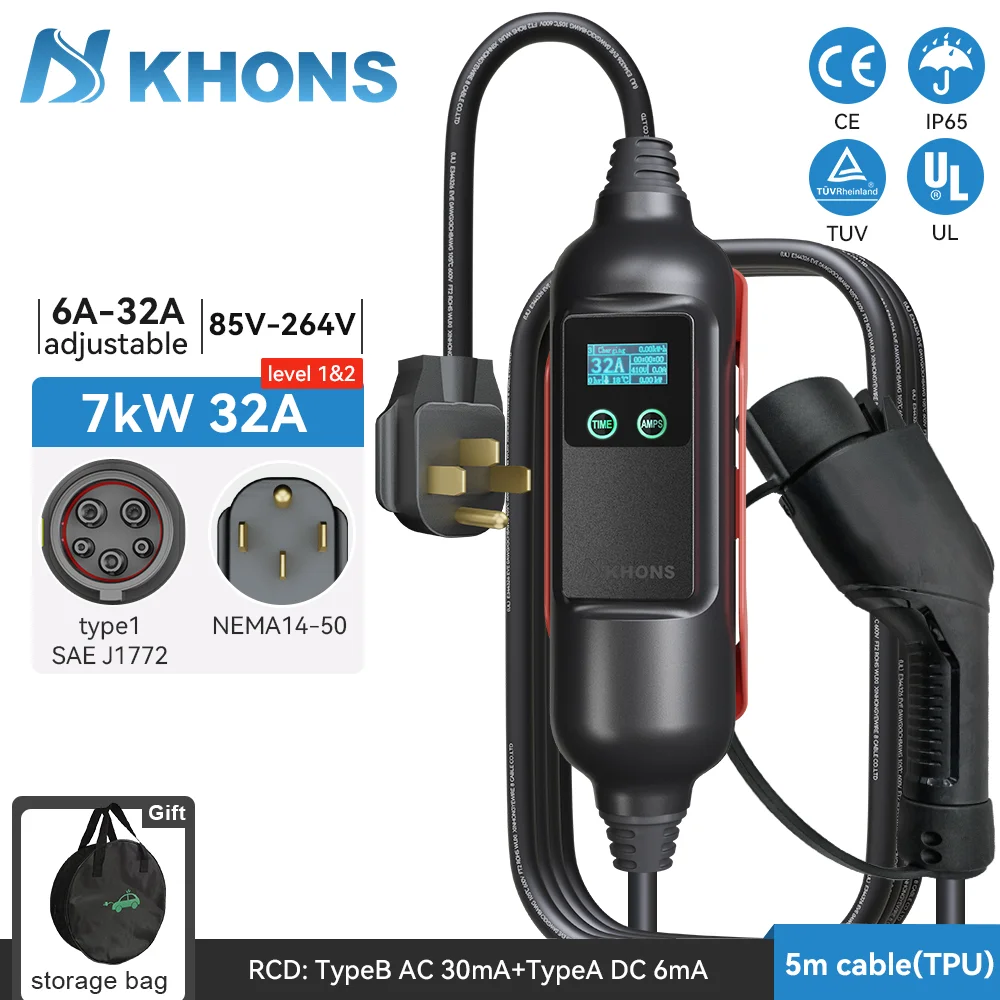 Khons Type1 Portable EV Charger Wallbox  j1772 32A Electric Car Charger 7KW 1Phase EVSE Charging For Electric Vehicle 5m Cable