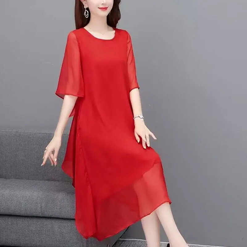 Gaun warna dasar polos wanita, Ruffles gaya disambung musim panas lengan pendek tidak beraturan pakaian wanita longgar kasual O-Neck Midi Dress