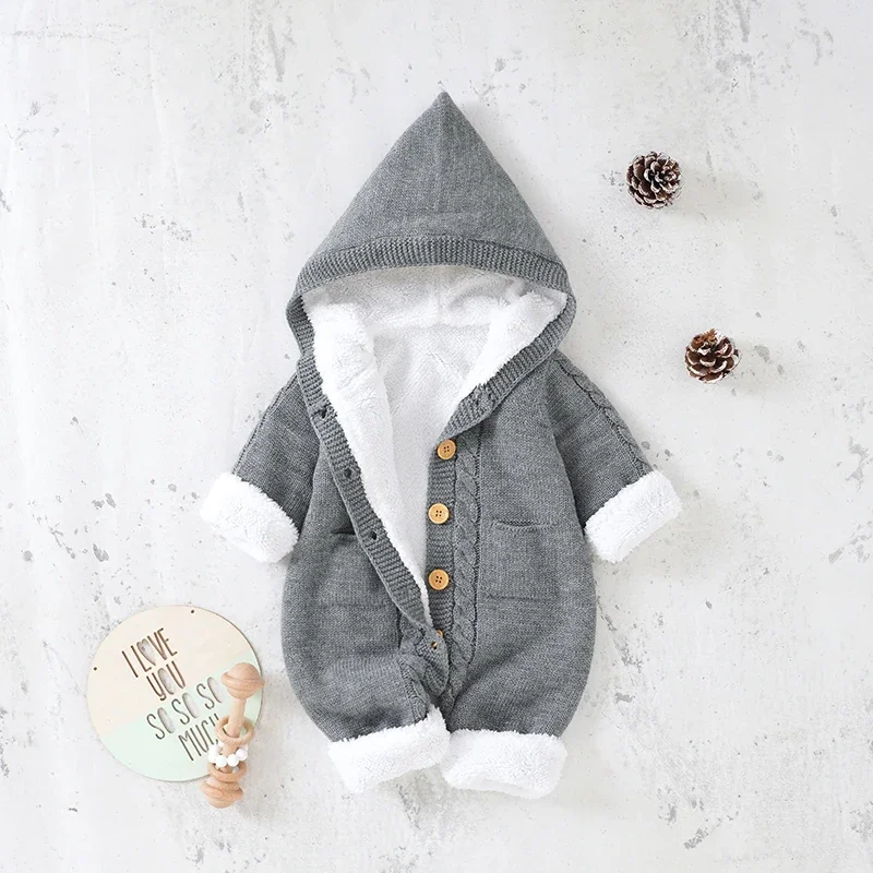 Winter Baby Romper Knit Newborn Girl Boy Jumpsuit Outfit Fashion Hooded Infant Kid Fleece Clothes 0-18M Solid Onesie Long Sleeve