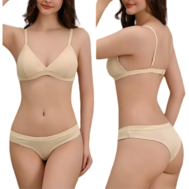 Women Cotton Bra and Panties Set Wireless Push-Up Bra Low-Waist Thongs G-string Sexy Lingerie Women\'s Breathable Underwear Set