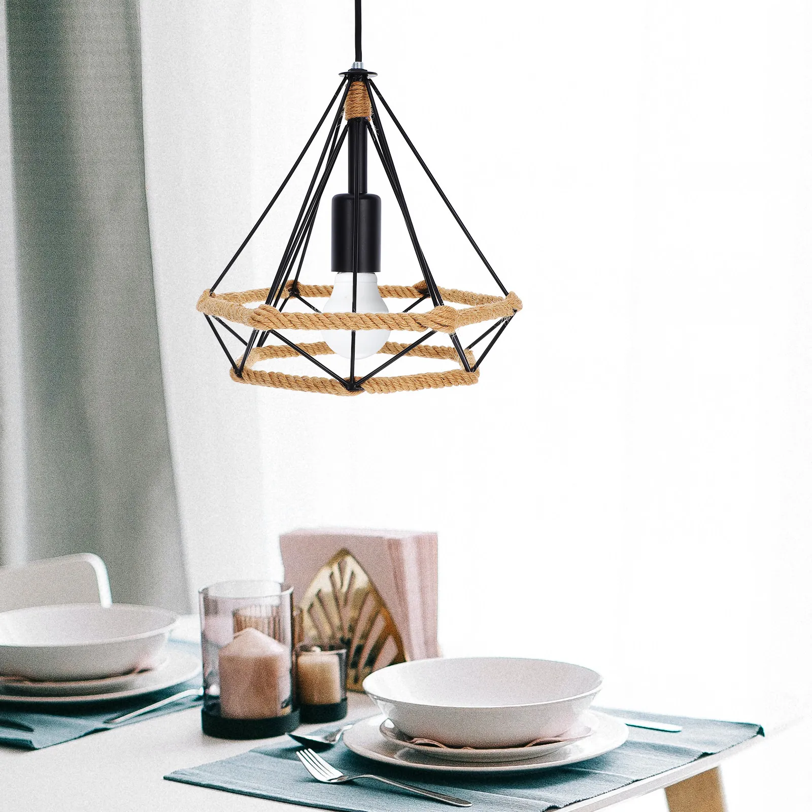 

Wrought Iron Rope Ceiling Lamp Diamond Shaped Chandelier American Country Industrial Style E27 Holder for Home Restaurant Cafe