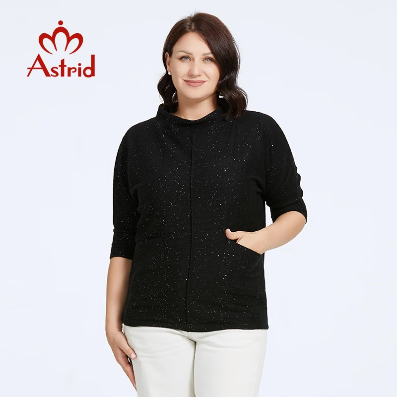 

Astrid Women's Sweater 2023 Top Female Oversized Black Clothing Stand-up collar Sequin Half sleeve t-shirt Blouses Female Tees
