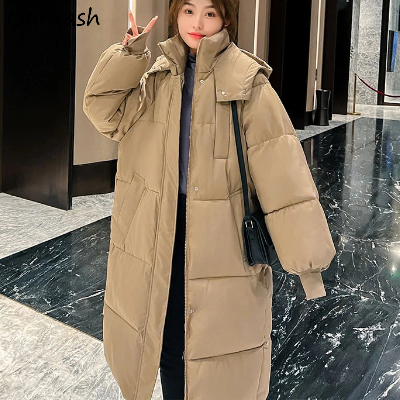 

Hooded Parkas Women Warm Solid Elegant Loose Korean Style Harajuku All-match Simple Leisure Thicker Streetwear Long Coats