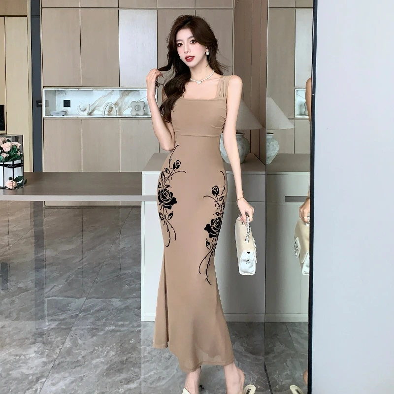 

Coigarsam Dress Women Office Lady French Style Solid Spaghetti Strap Dresses