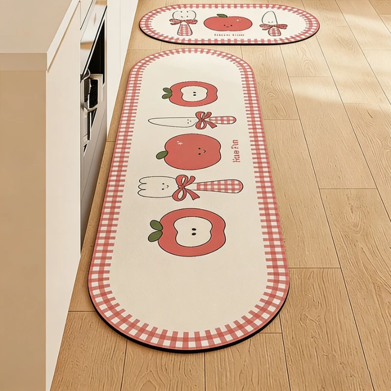 Kitchen Carpet PVC Waterproof Leather Non-slip Oil-proof Floor Mat Korean Style Red Apple Minimalist Long Strip Rug Home Decor