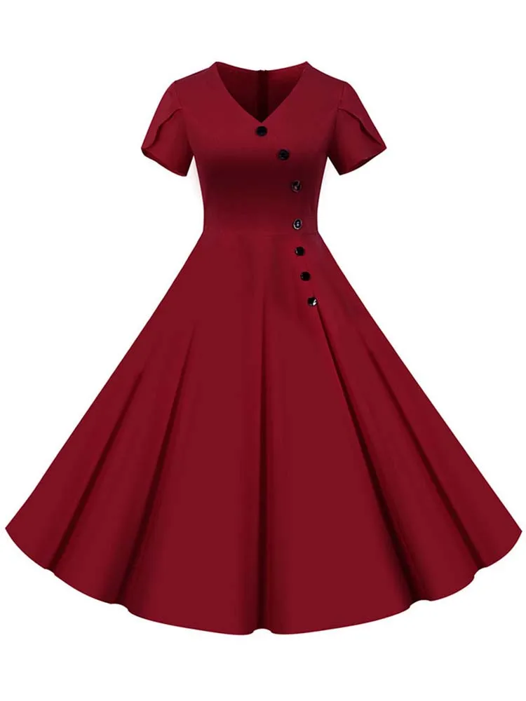 Women\'s Solid Color V-Neck Midi Dress Casual Vintage Retro Party Sundress Elegant Summer Robe