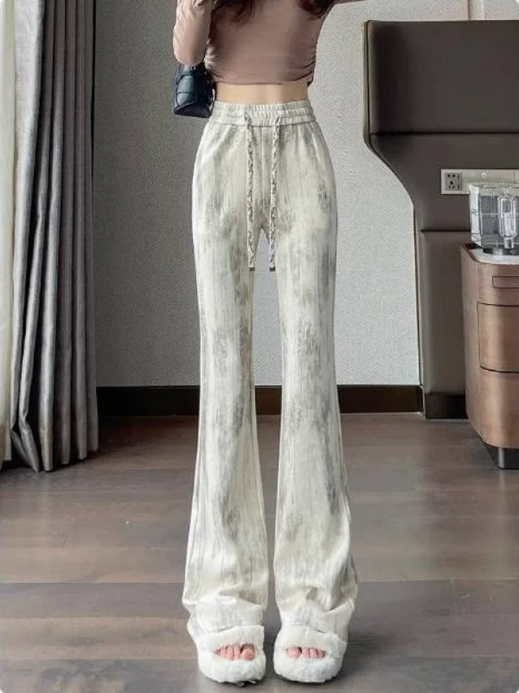 Tie Dye Straight Bootcut Sweat Pants Women's Casual High Waisted Strench Slim Pantalones Wide Leg Lace Up Fashion Trousers