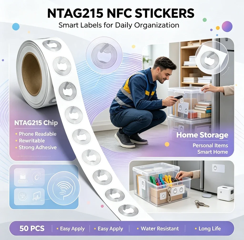13.56MHz NTAG215 NFC Tag Stickers ISO14443A Self Adhesive RFID Labels Compatible All NFC Enabled Phones Rewritable NFC Sticker