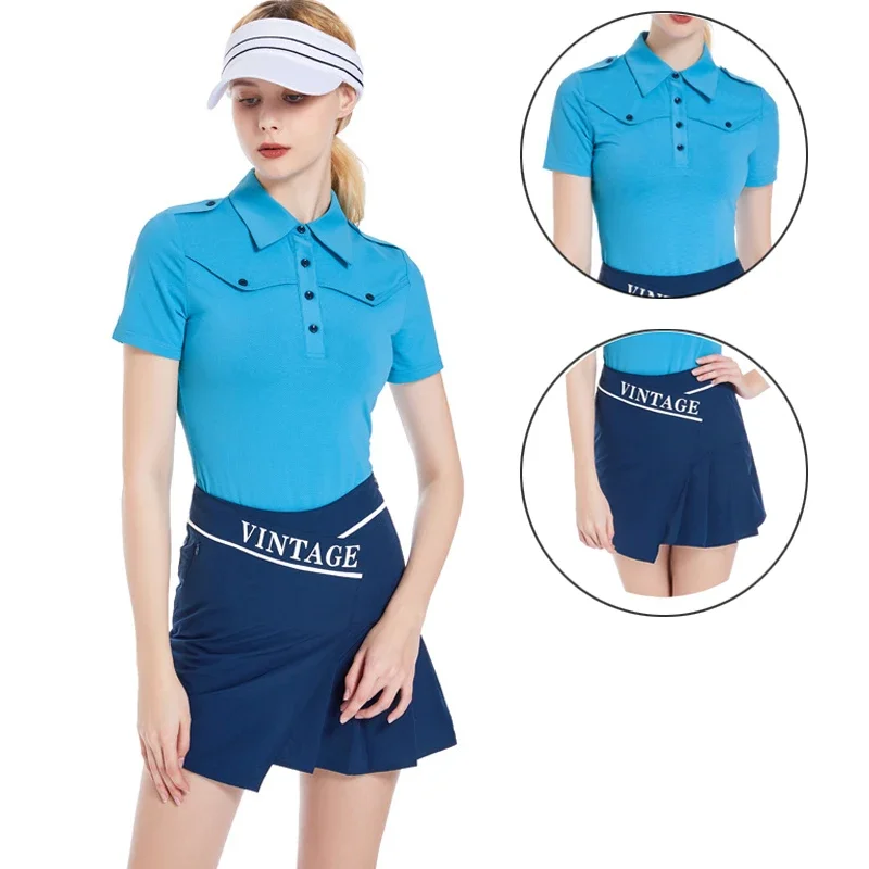 

DK Women Short Sleeve Polo Shirt Quick Dry Sport T-shirt Women Pleated Slim Golf Skirt Anti-light Quick-Dry Pencil Skort Suit