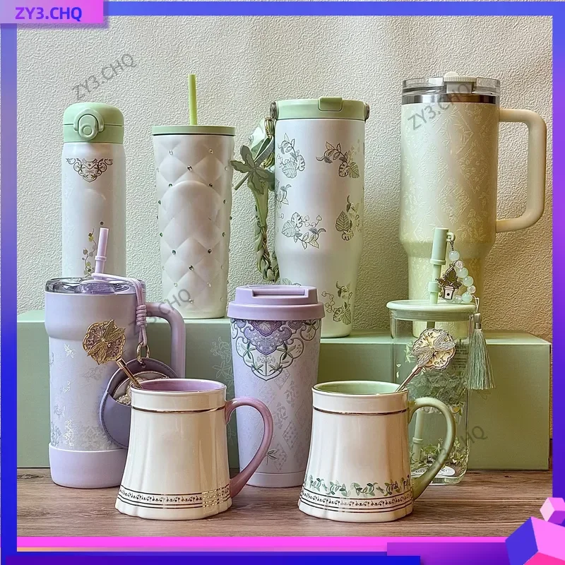 

Керамическая кружка-термос 2026 Bk с весенним узором, двойными стенками, стеклянной соломинкой, многоразовой крышкой и вышивкой, для офиса и использования на улице