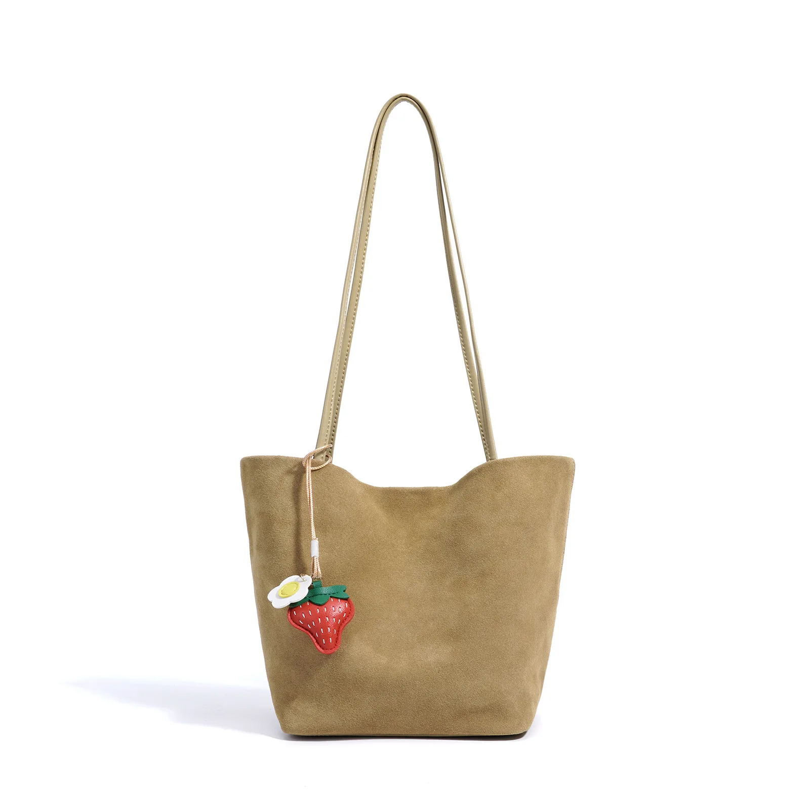 

Fall Winter Suede Cowhide Women's Bag Spacious Commuting Shoulder Bucket Bag with Strawberry Charm Unique Design Simple Tote