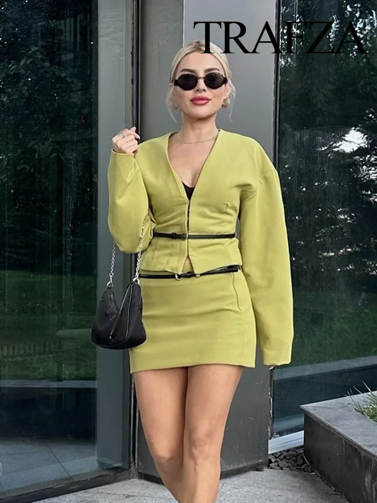 TRAFZA Women Elegant Skirt Suit Casual Green V-Neck Belt Slim Long Sleeved Short Coat Top+High Waist Side Zip Mini Skirt Mujer