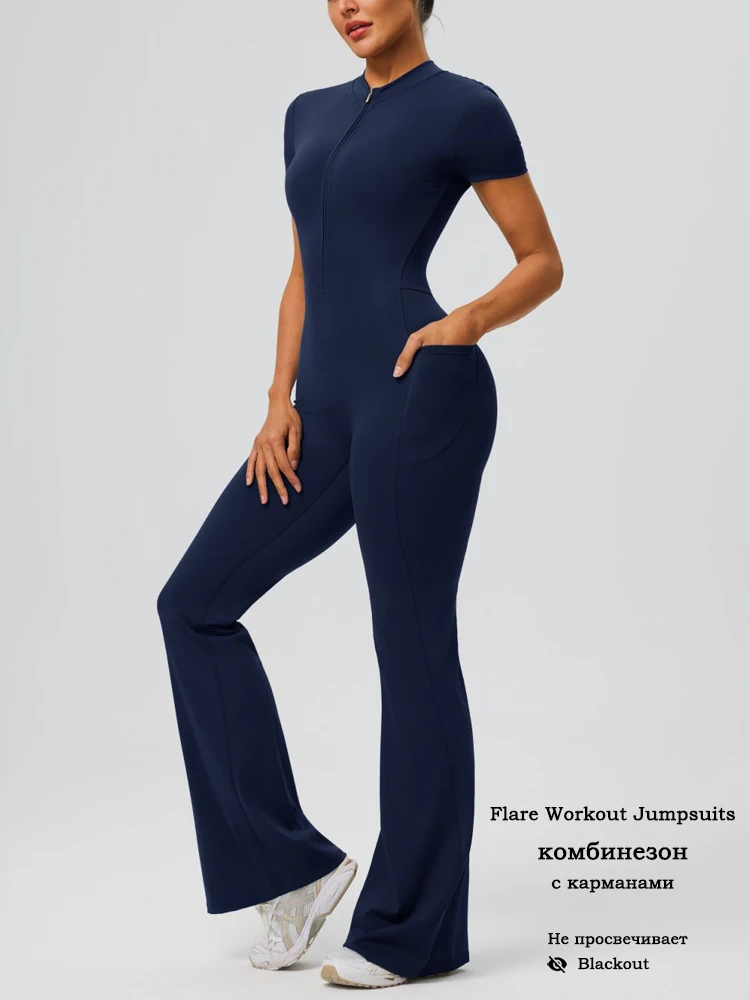 VITALINOVO Womens Flare Jumpsuit with Pockets Tummy Control Zip Up Wide Leg Full Length Romper Playsuit Workout Outfits Unitard