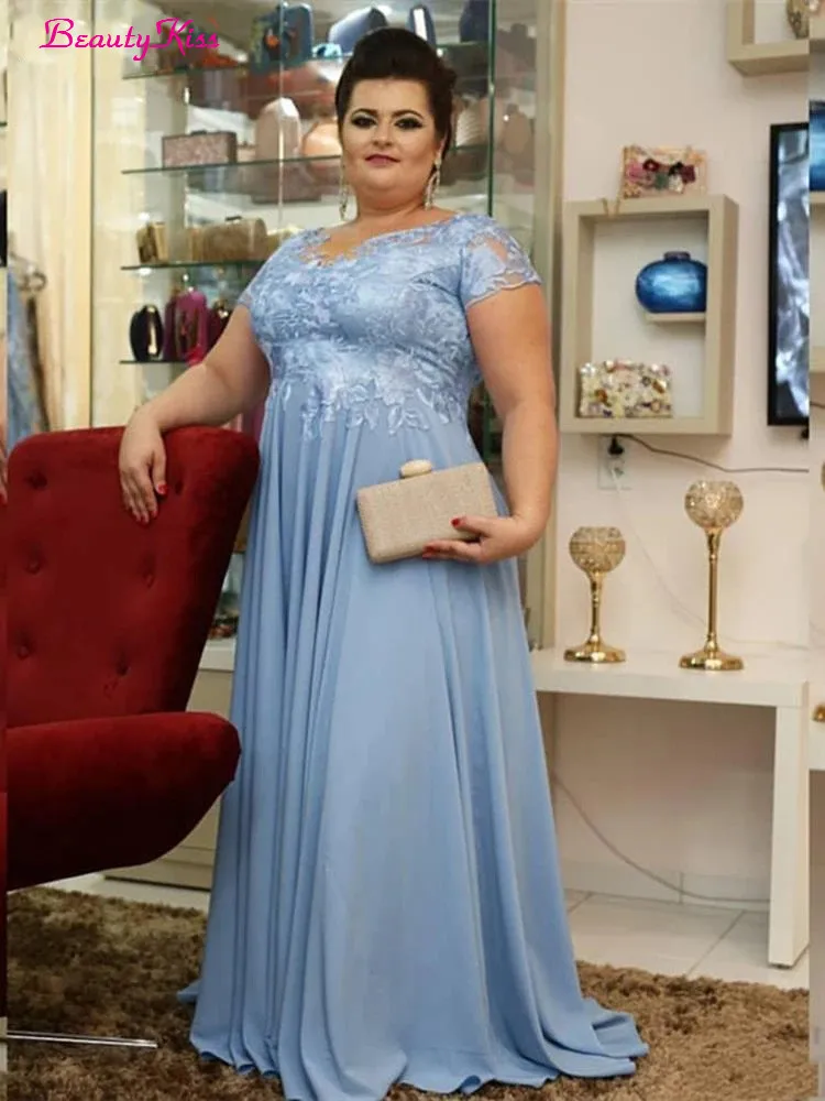 Plus ขนาดชุดเจ้าสาว Sky Blue Appliques งานแต่งงาน Godmother ชุดแขนสั้น Vestidos De Boda Invitada