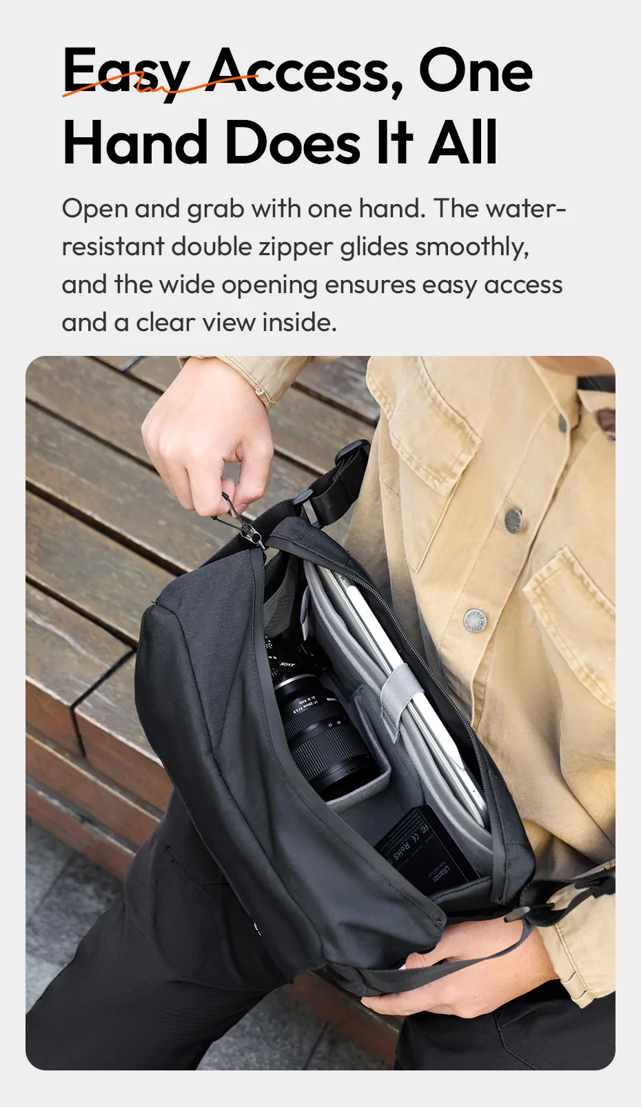 Ulanzi BP11 Umhängetasche für Kameras, 9 l Fassungsvermögen, Schultertasche für Sony, Canon, Nikon, Umhängetasche für Smartphone, Fotografie, digitale Spiegelreflexkamera – Detail 10