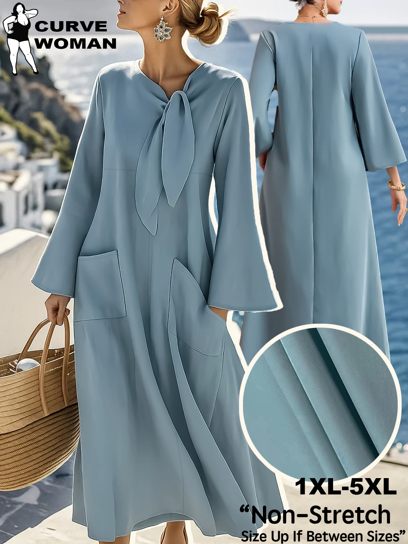 

Голубое платье с длинными рукавами и галстуком-бабочкой, расклешенные манжеты с карманами, элегантное повседневное платье миди, женская повседневная одежда для отдыха