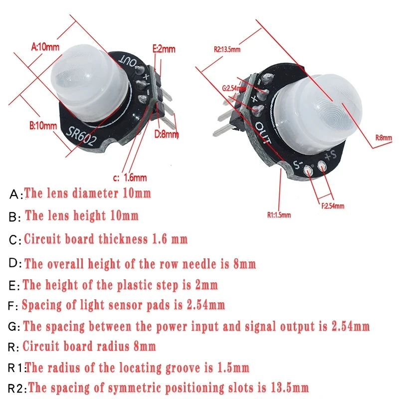 Módulo Detector de Sensor de movimiento SR602, kit piroeléctrico infrarrojo PIR, soporte de interruptor sensorial para arduino, bricolaje con lente,