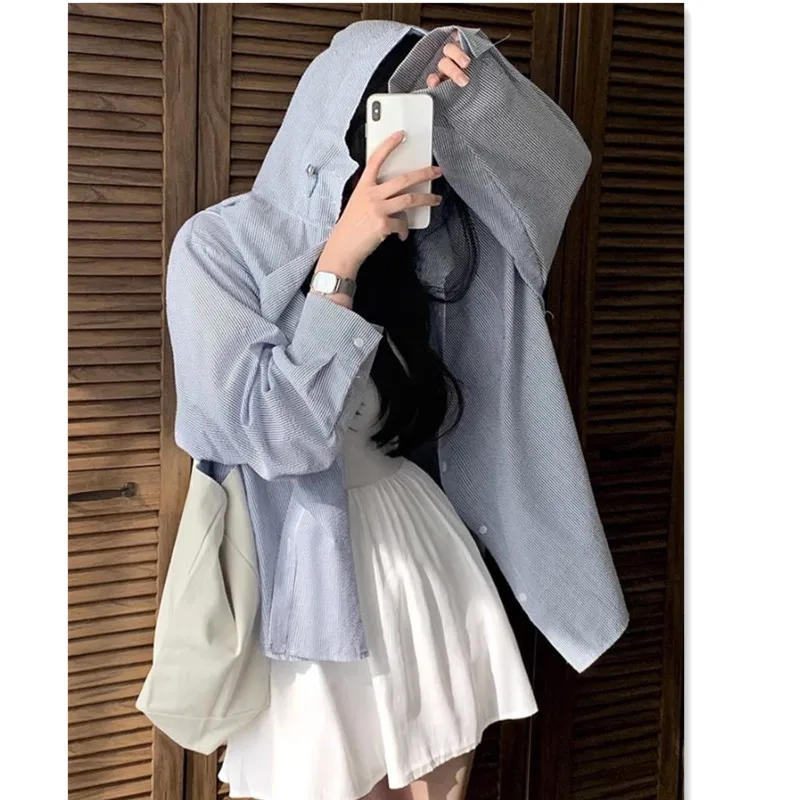 Plus size 300 pou feminino preguiçoso listrado irt primavera outono solto emagrecimento com capuz longo sve coreano sle colarinho impresso