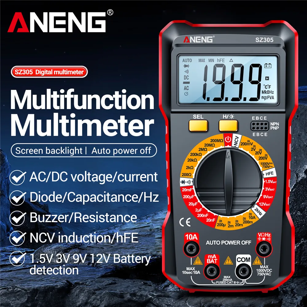 

ANENG SZ305 Multimeter Capacitor Testers Professional 1999 Counts Smart Voltmeter AC/DC Votage Resistance Current Ohm Test Tools