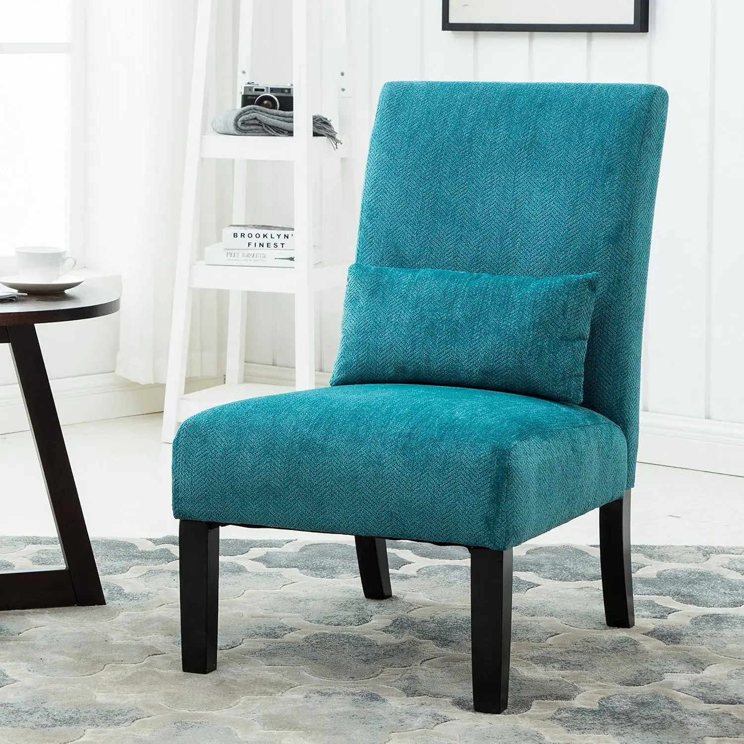 

Pisano Teal Blue Fabric Armless Contemporary Accent Chair with Kidney Pillow