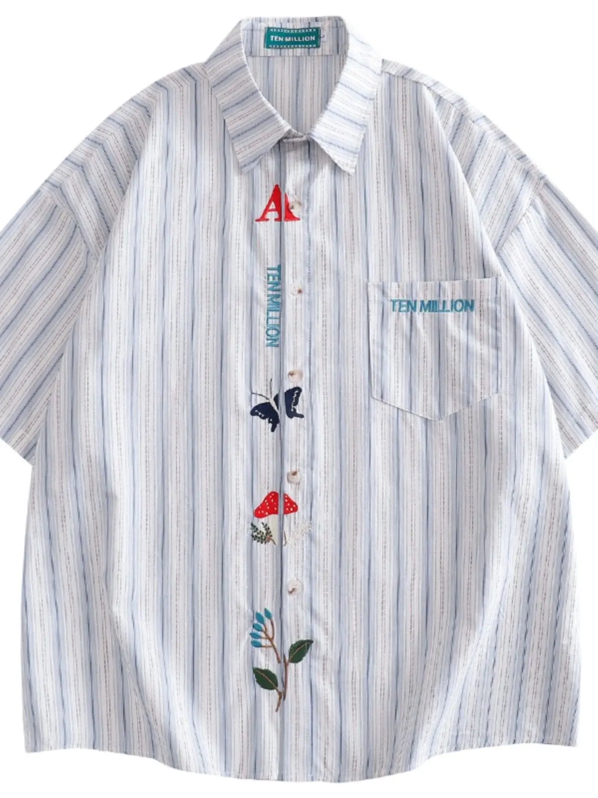 

Милая шикарная блузка с вышивкой в виде грибов и растений, белые полосатые рубашки с лацканами, летняя одежда с короткими рукавами, Harajuku, японская повседневная одежда