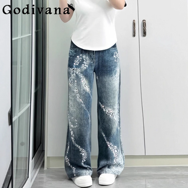 

Large Size American Girl Personality Butterfly Print Leisure Jeans Summer New Blue Versatile Fashion Korean Long Wide-leg Pants