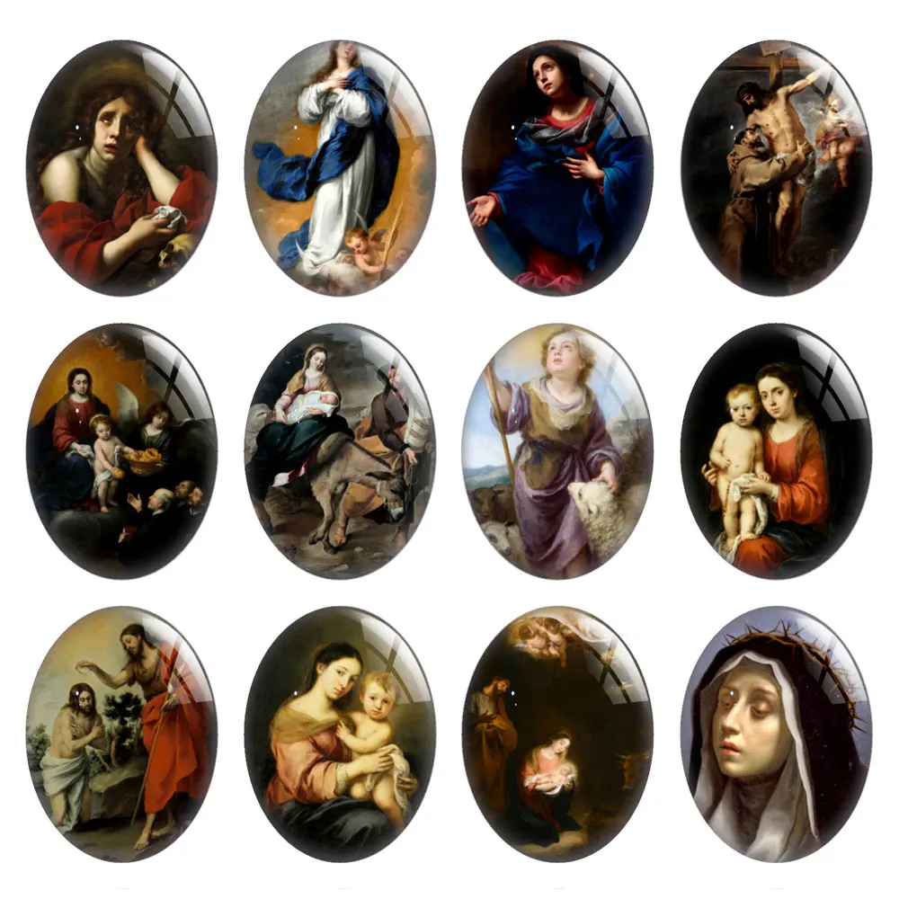 10pcs/lot Virgin Mary Christ Jesus Oval Photo Glass Cabochon Charms Demo Flat Back Cameo For Diy Jewelry Making Accessories