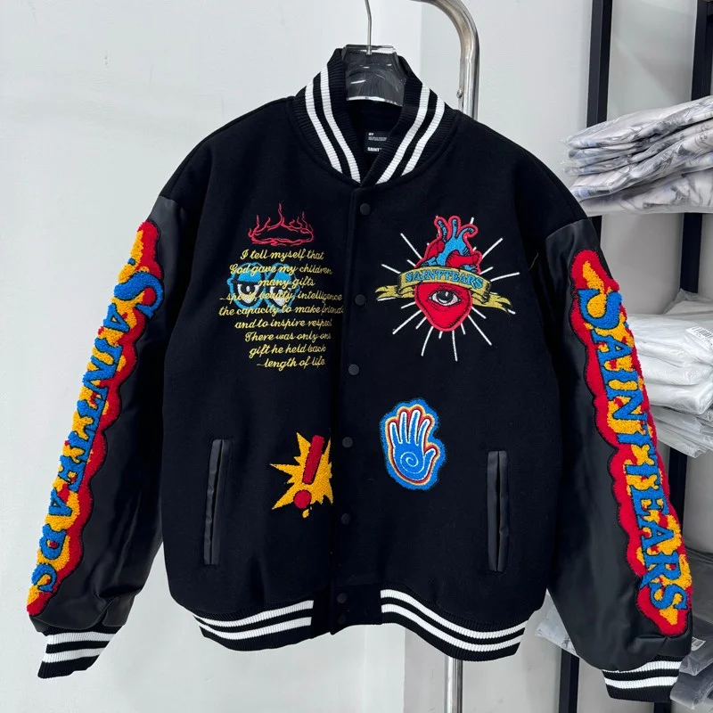 

Black Retro Saint Jacket American Casual Loose Patchwork Embroidered Flight Blazer Thick Couple Baseball Coat