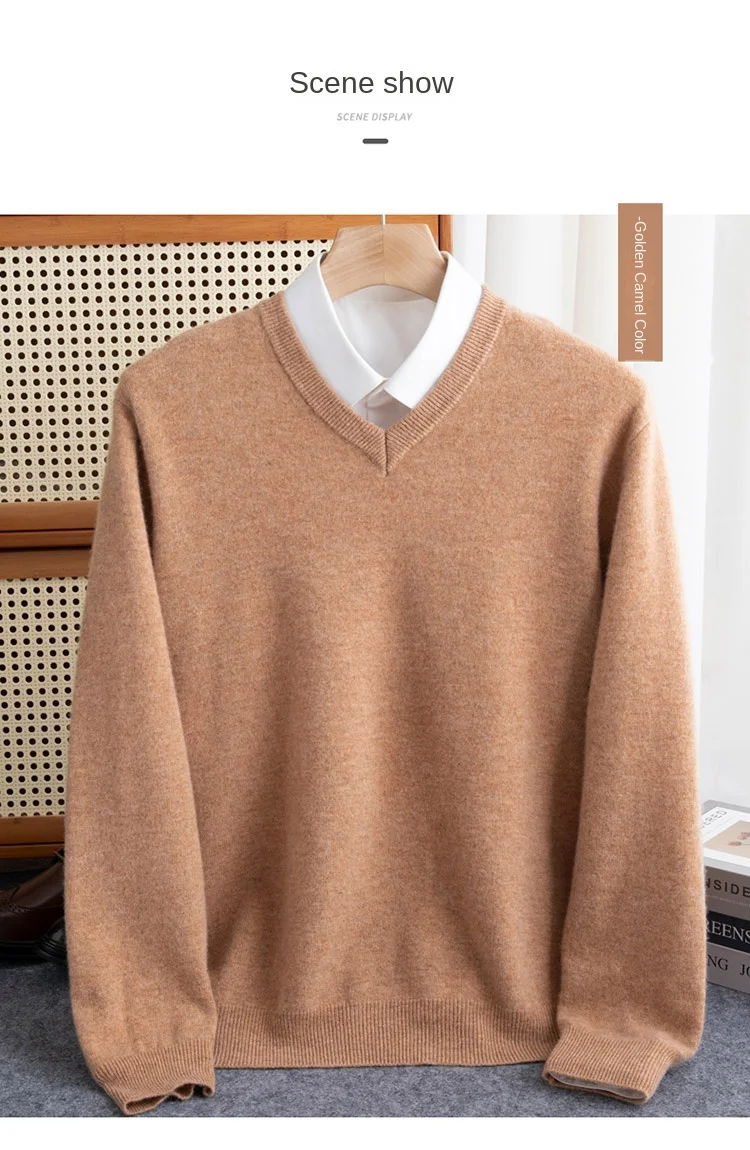 100% reiner Merinowollpullover für Herren, V-Ausschnitt, Strickpullover, große Größen, Kaschmir, Herbst/Winter, neuer Langarmpullover, hochwertige Oberteile – Detail 10