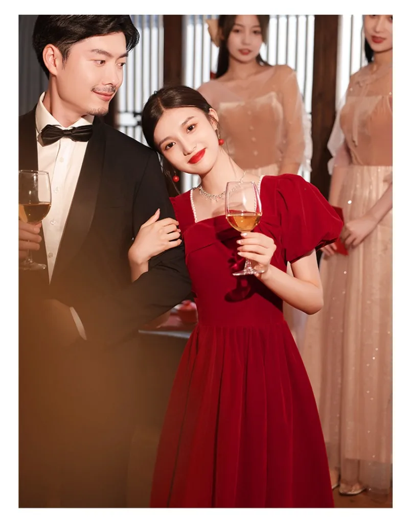 Bordeaux lange formele jurk dames elegante vintage vierkante halslijn avondjurk bubble mouw modieuze luxe feestjurken