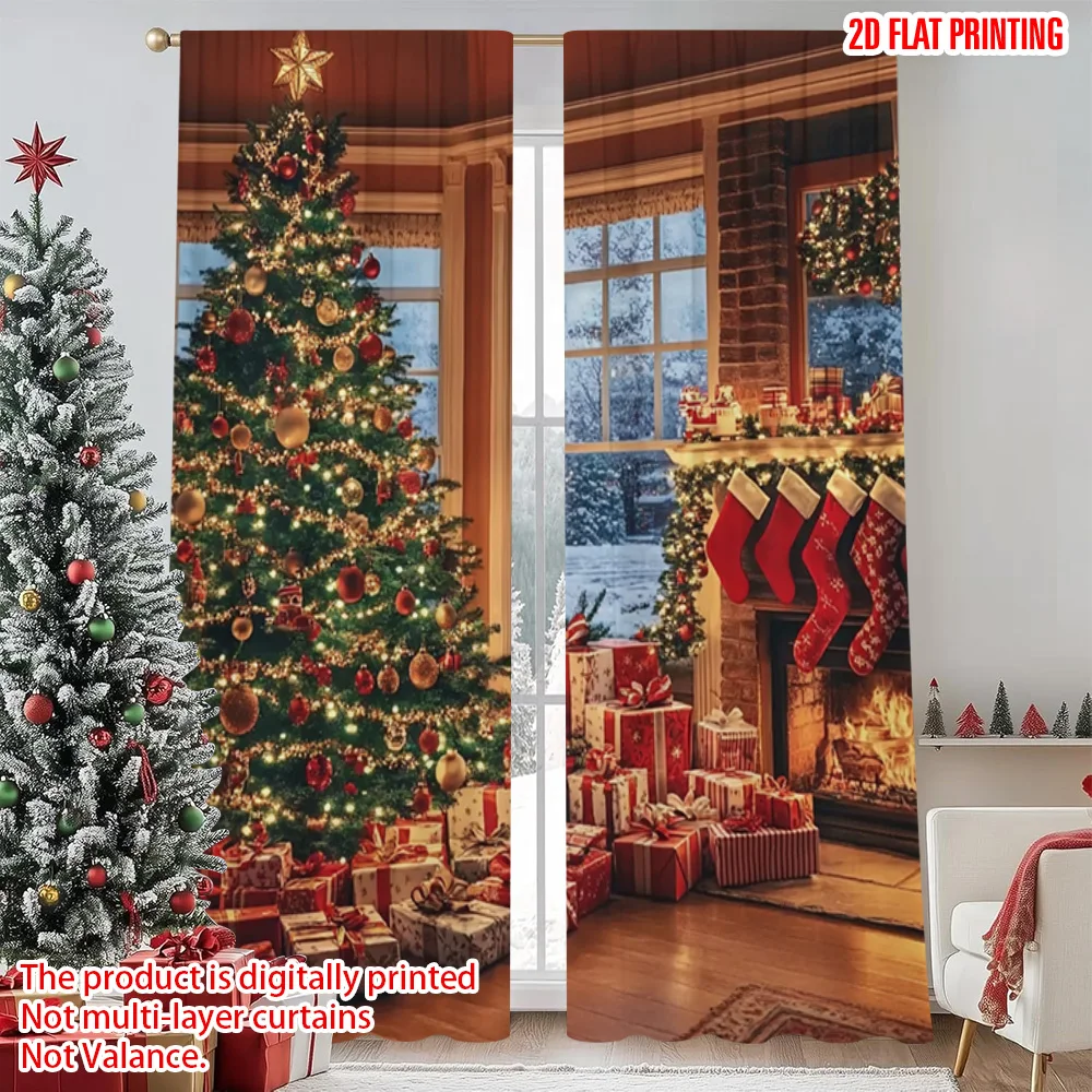 

2pcs 2D flat printing Christmas Drapes Christmas tapestry Christmas tree and fireplace Warm interior Machine Washable Polyester