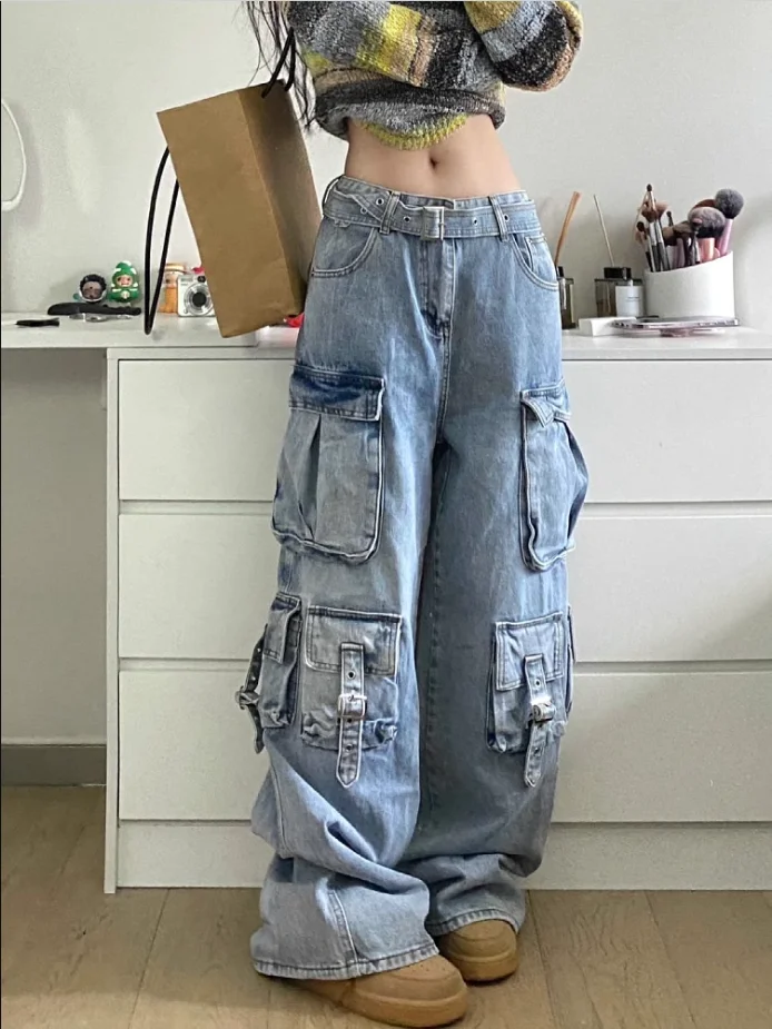 Autumn Winter New Ladies Cargo Jeans  Street Style Baggy Cargo Pants Women Blue Multi-pocket Wide Leg Jeans for Women