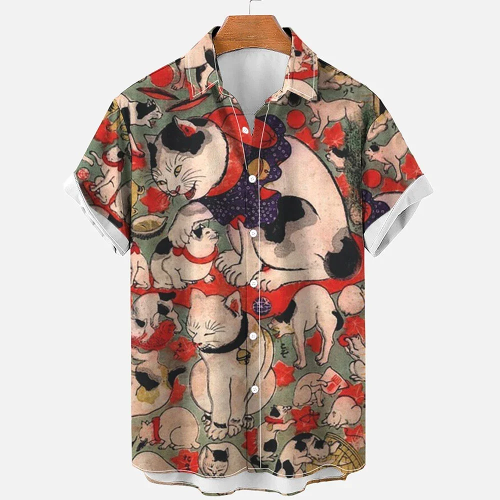 Cartoon animal cat print men's shirts Summer anime vintage clothing lapel Hawaiian beach shirt Men's casual short sleeved tops