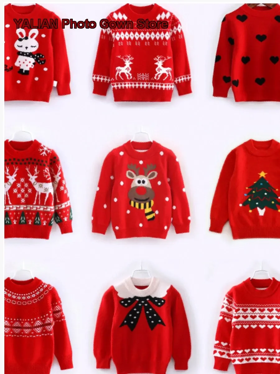 Girls Pullover Sweater Newborn Red Acrylic Knit Top Round Neck Long Sleeves New Year Kids