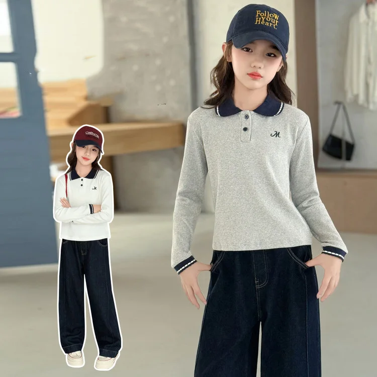 

Korean Children Girls Two-piece Sets Teenager Girls Letter Embroidery Patchwork Sweatshirt Kids Girls Straight-leg Jean Outfit