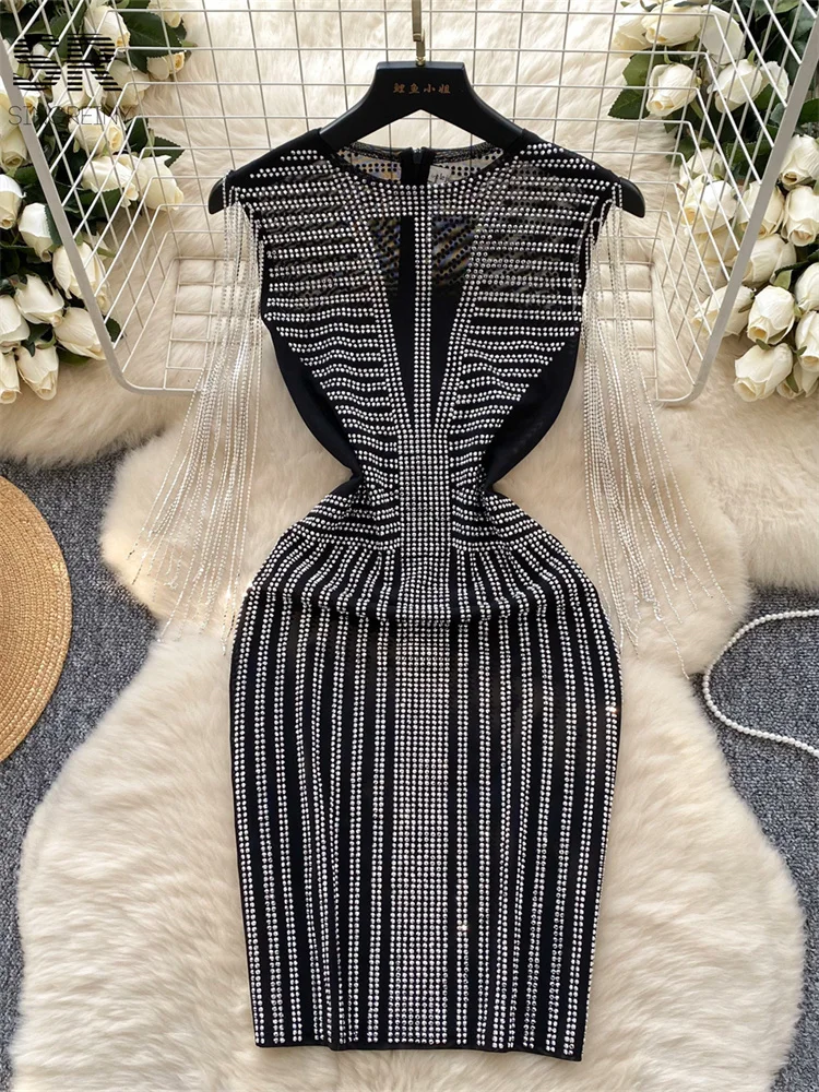 SINGREINY Beading Tassel Fashion Dresses Woman Temperament Sleeveless Zipper Design O Neck Slim Bodycon Sheer Senior Party Dress