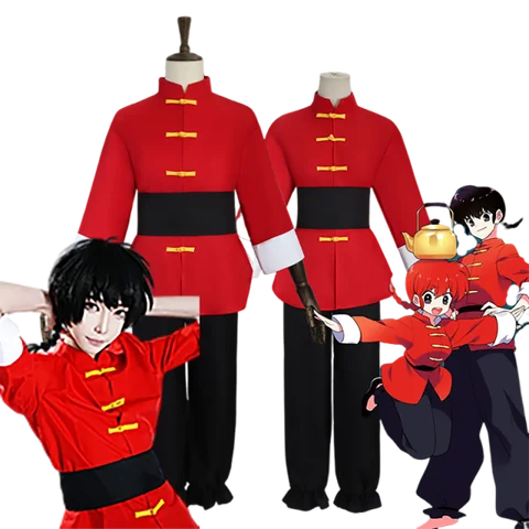 Tendou Akane Unisex Cosplay Costume Anime Ranma 1/2 Red Chinese Style Uniform Top Pants Set Halloween Carnival Party Outfit
